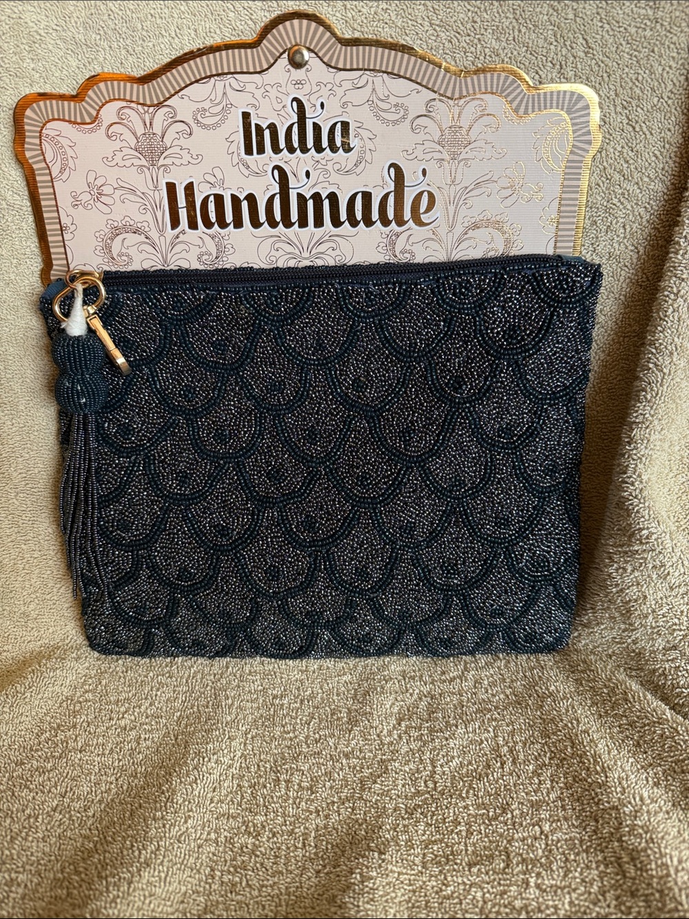 Handmade Navy Blue Beaded Clutch with Tassel